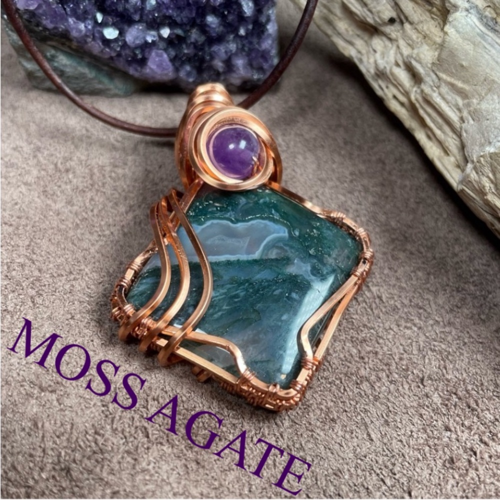Moss Agate Crystal Pendant With Amethyst Leather Cord Artisan Boho